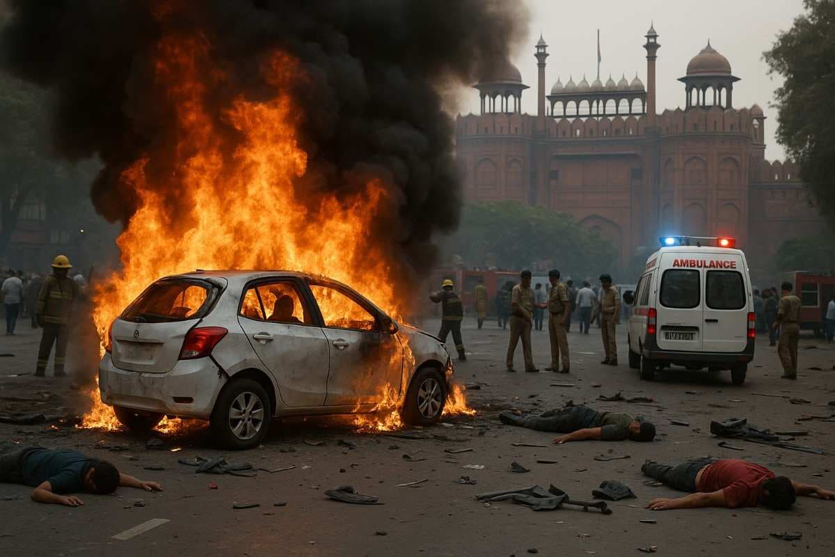 Massive Car Explosion Near Red Fort, Delhi — At Least 8 Dead, Dozens Injured; High Alert Issued Across States, Monday, November 10, 2025 | Photo Credit: SylphCorps Media